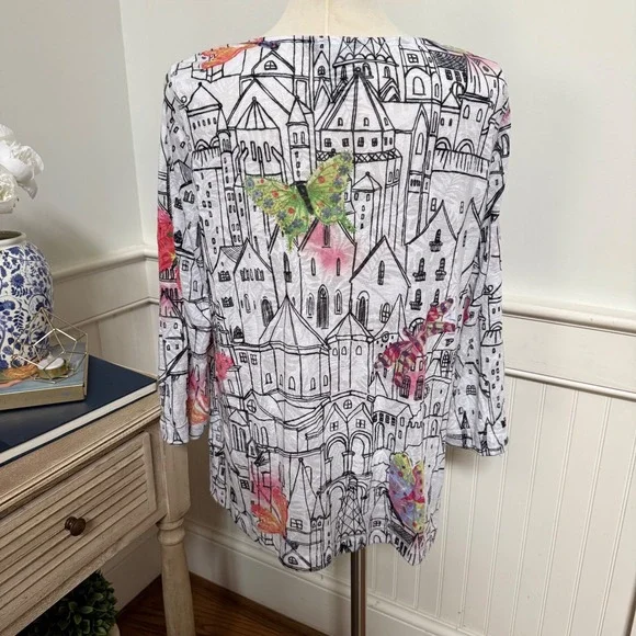 Ali Miles Womens L Tunic Top Butterfly Cityscape Print 3/4 Sleeve Art to Wear - Picture 1 of 8